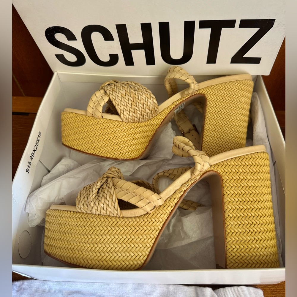 Schutz Khari Beige Woven Platform Sandal - Women’s Size 10B